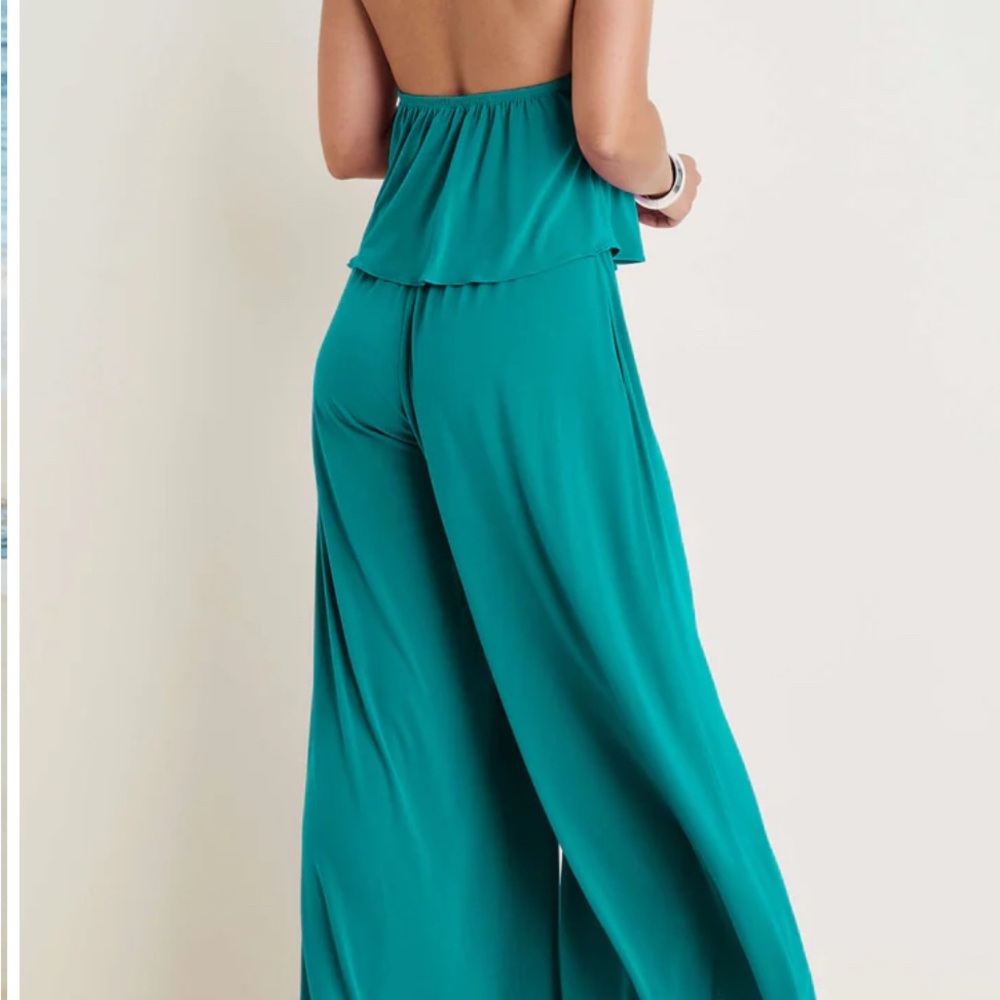 VENUS Strapless Wide-Leg Jumpsuit in Teal Green